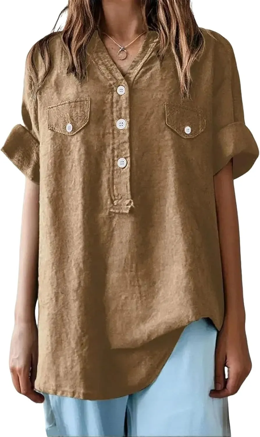 Women Summer Beach Linen Henley Shirts Short Sleeve Button v Neck Tunic Blouses 2025 Trendy Casual Loose Dressy Tops