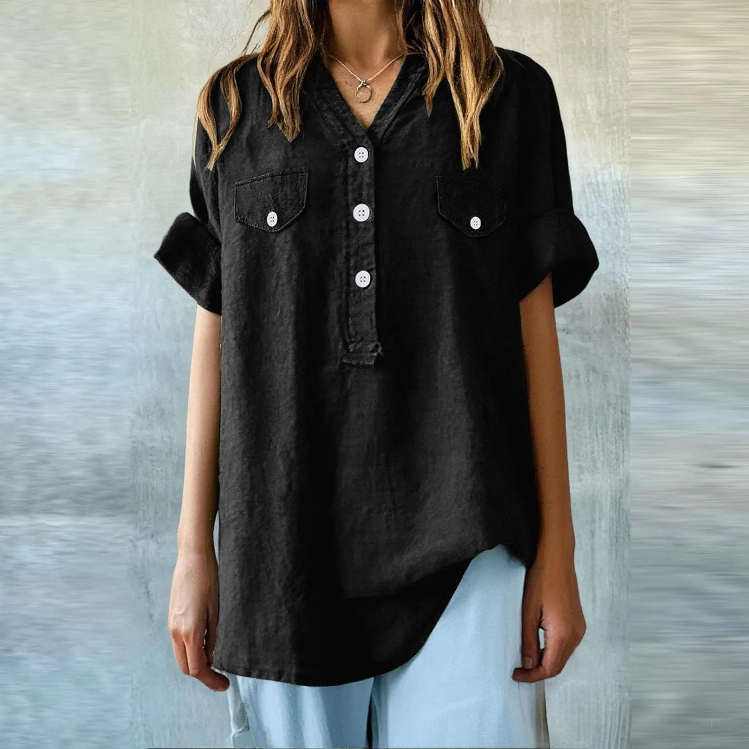 Women Summer Beach Linen Henley Shirts Short Sleeve Button v Neck Tunic Blouses 2025 Trendy Casual Loose Dressy Tops