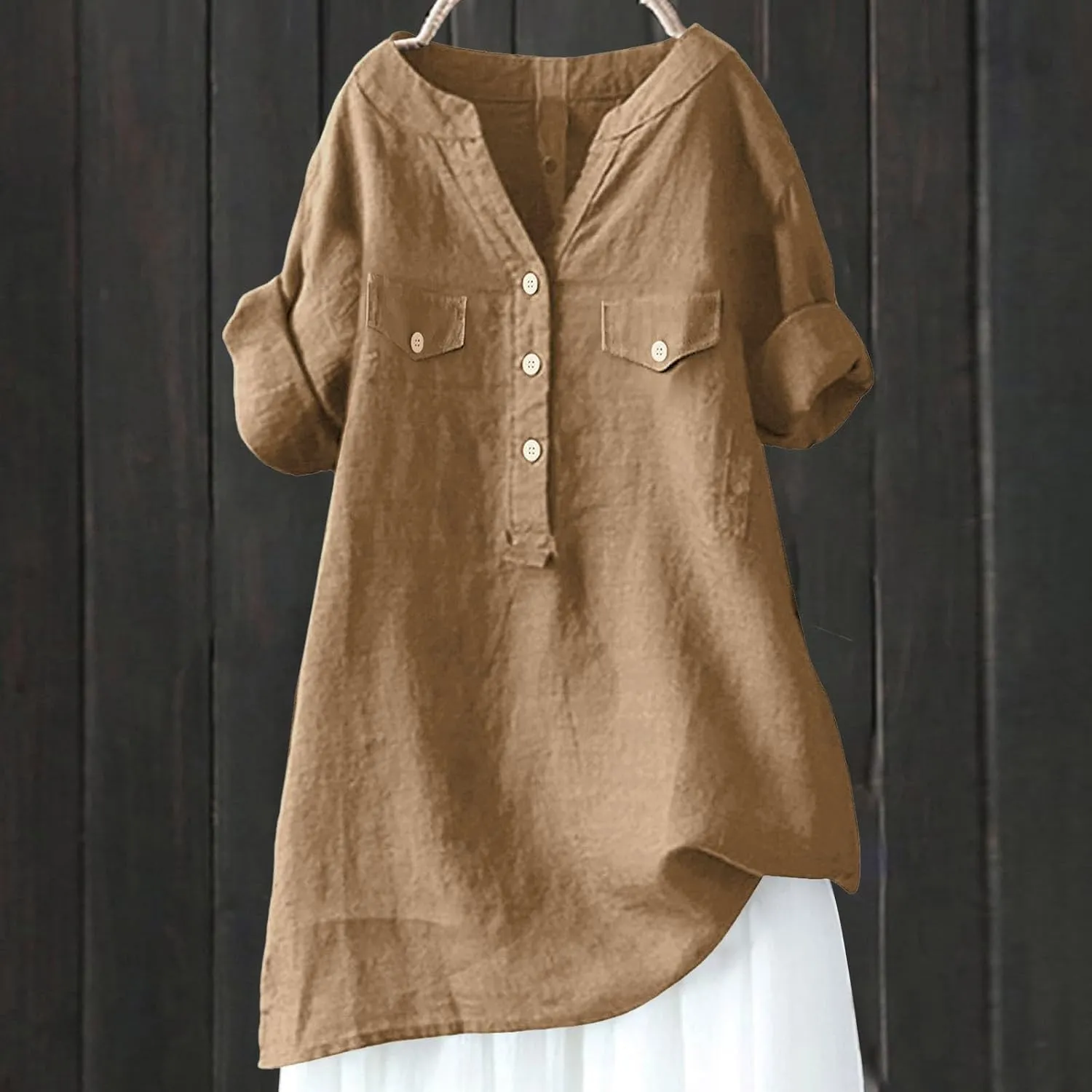 Women Summer Beach Linen Henley Shirts Short Sleeve Button v Neck Tunic Blouses 2025 Trendy Casual Loose Dressy Tops