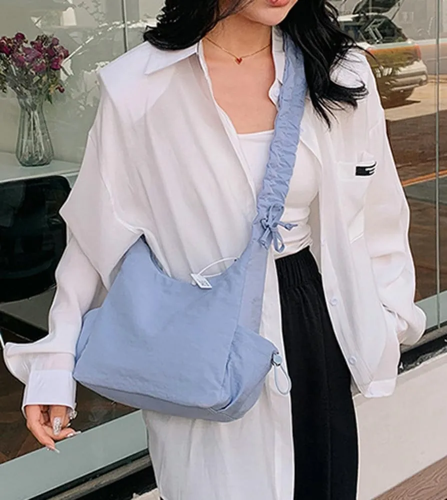 Women Tote Bags Casual Solid Crossbody Armpit Bag Nylon Shoulder Handbag Pleated Drawstrings Crossbody Purse
