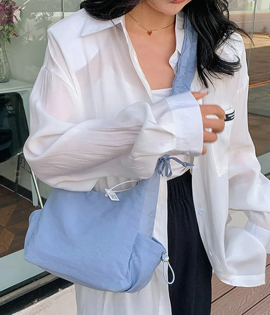 Women Tote Bags Casual Solid Crossbody Armpit Bag Nylon Shoulder Handbag Pleated Drawstrings Crossbody Purse