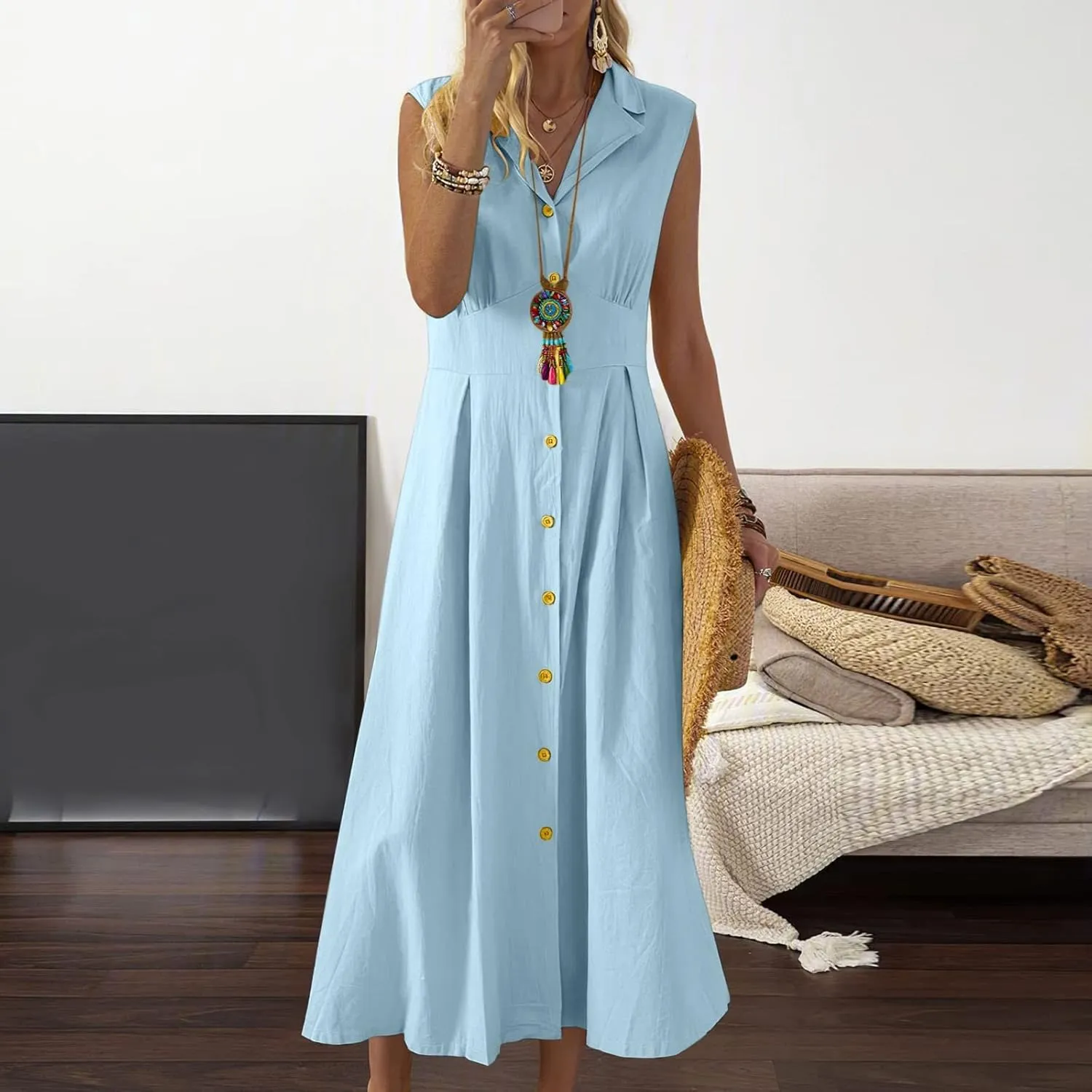 Women Vintage Shirt Dresses Casual Loose Cotton Linen Fit Sleeveless Button Maxi Dress with Pockets Formal Busniess Dress
