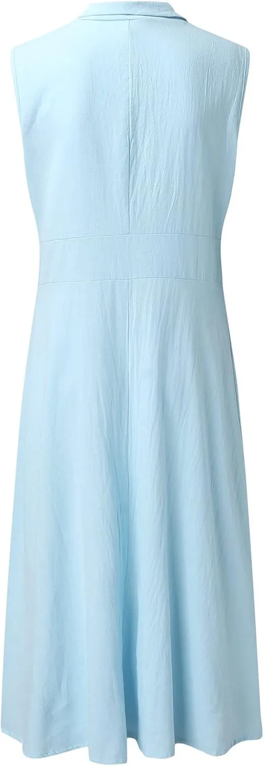 Women Vintage Shirt Dresses Casual Loose Cotton Linen Fit Sleeveless Button Maxi Dress with Pockets Formal Busniess Dress