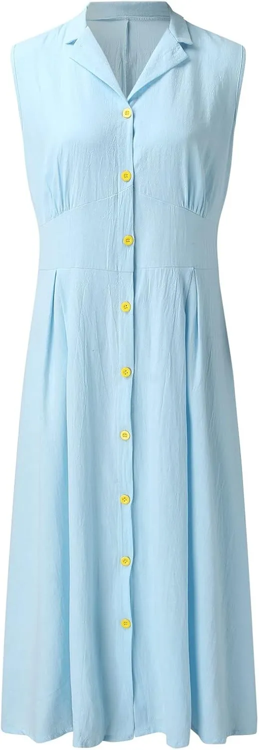 Women Vintage Shirt Dresses Casual Loose Cotton Linen Fit Sleeveless Button Maxi Dress with Pockets Formal Busniess Dress