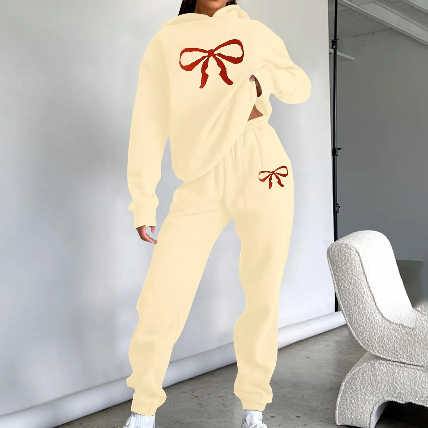 Women's 2 Piece Lounge Sets Oversized Bow Trim Print Hoodie Sweatsuit Sets Sweatshirt Wide Leg Sweatpants With Pockets