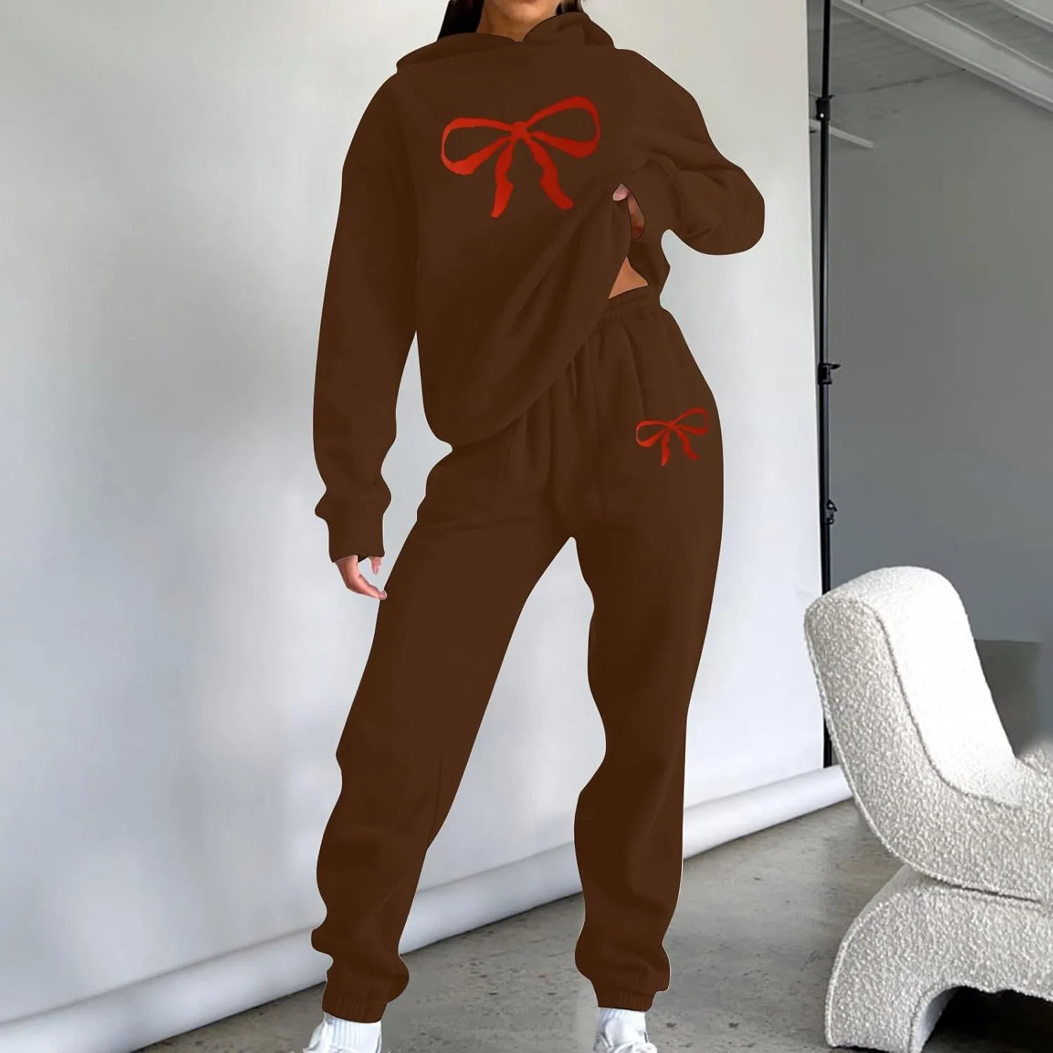 Women's 2 Piece Lounge Sets Oversized Bow Trim Print Hoodie Sweatsuit Sets Sweatshirt Wide Leg Sweatpants With Pockets