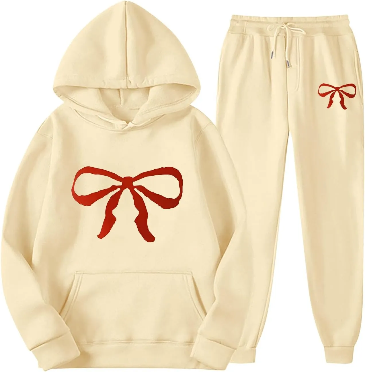 Women's 2 Piece Lounge Sets Oversized Bow Trim Print Hoodie Sweatsuit Sets Sweatshirt Wide Leg Sweatpants With Pockets