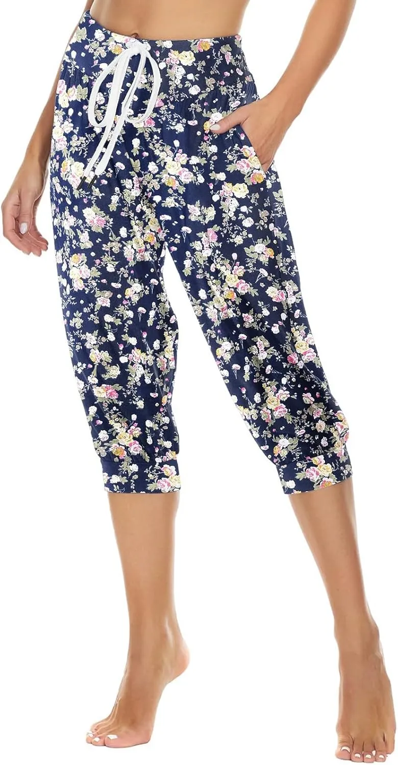 Womens Baggy Harem Capris Casual High Waisted Wide Leg Boho 3/4 Pants Workout Lounge Joggers Sweatpants with Pockets