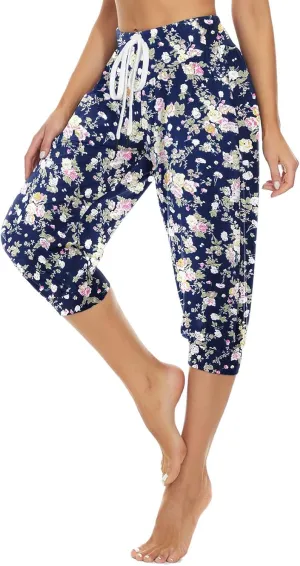 Womens Baggy Harem Capris Casual High Waisted Wide Leg Boho 3/4 Pants Workout Lounge Joggers Sweatpants with Pockets