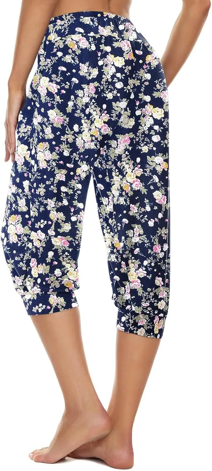 Womens Baggy Harem Capris Casual High Waisted Wide Leg Boho 3/4 Pants Workout Lounge Joggers Sweatpants with Pockets