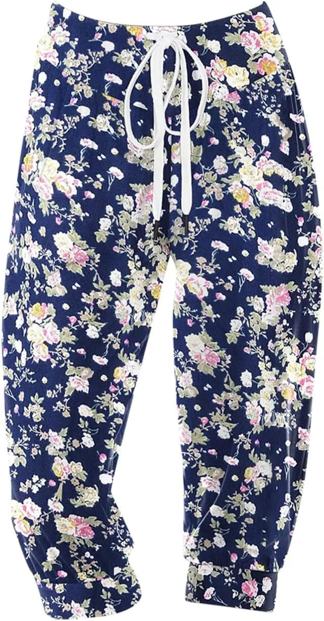 Womens Baggy Harem Capris Casual High Waisted Wide Leg Boho 3/4 Pants Workout Lounge Joggers Sweatpants with Pockets