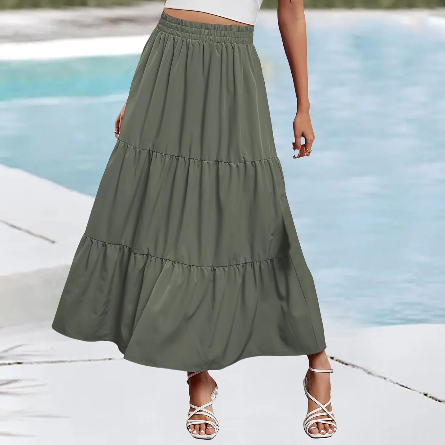 Womens Boho Maxi Skirts Summer Casual Elastic High Waisted Ruffle Hem Skirt Flowy Solid Color A Line Beach Skirts