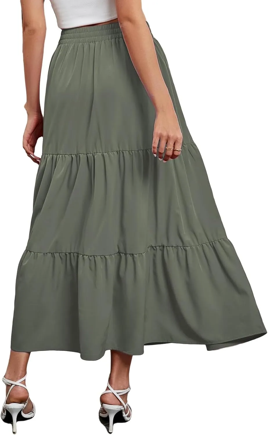 Womens Boho Maxi Skirts Summer Casual Elastic High Waisted Ruffle Hem Skirt Flowy Solid Color A Line Beach Skirts