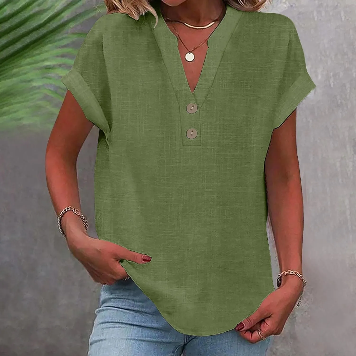 Womens Button Down Linen Shirts Short Sleeve V Neck Dressy Casual Business Work Blouses Loose Fit Summer Tunic Tops