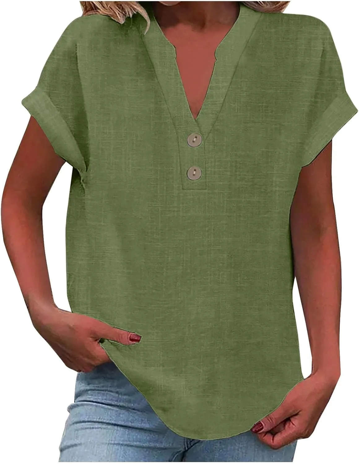 Womens Button Down Linen Shirts Short Sleeve V Neck Dressy Casual Business Work Blouses Loose Fit Summer Tunic Tops