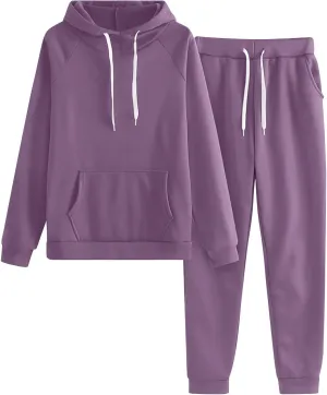 Women's Casual Solid Hooded Drawstring Loose Long Sleeve Sweatshirt Tops And Long Pants Set Suits