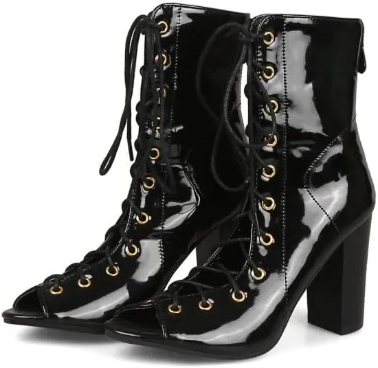 Women's Chunky Block Heel Peep Toe Booties, Open Toe Lace Up Ankle Boots, Summer High Heeled Boots