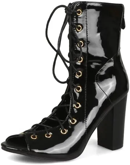 Women's Chunky Block Heel Peep Toe Booties, Open Toe Lace Up Ankle Boots, Summer High Heeled Boots