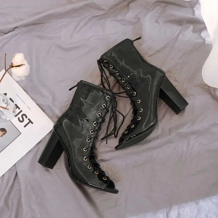 Women's Chunky Block Heel Peep Toe Booties, Open Toe Lace Up Ankle Boots, Summer High Heeled Boots