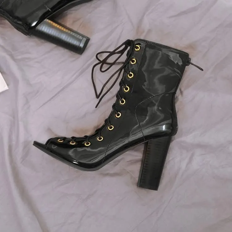 Women's Chunky Block Heel Peep Toe Booties, Open Toe Lace Up Ankle Boots, Summer High Heeled Boots