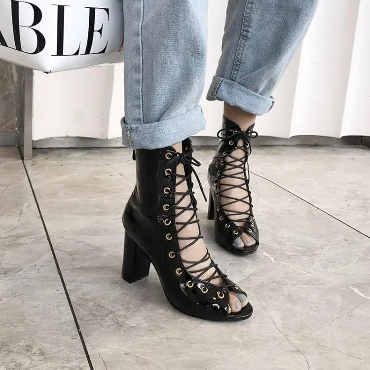 Women's Chunky Block Heel Peep Toe Booties, Open Toe Lace Up Ankle Boots, Summer High Heeled Boots