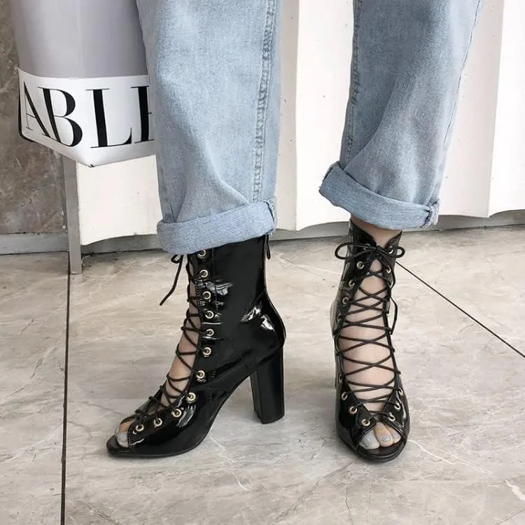 Women's Chunky Block Heel Peep Toe Booties, Open Toe Lace Up Ankle Boots, Summer High Heeled Boots