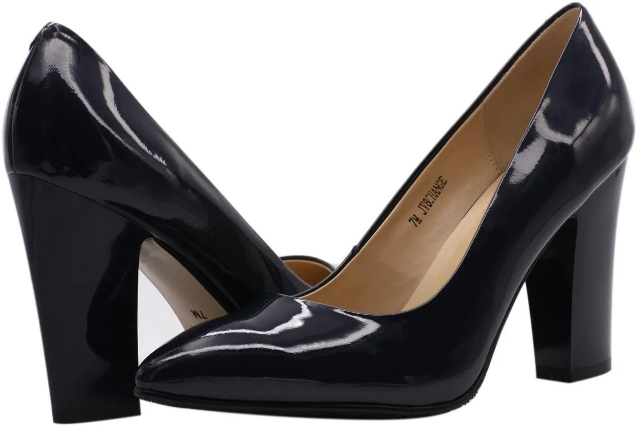 Women's Chunky Heel Closed Pointed Toe Patent Leather Dress Pumps Shoes