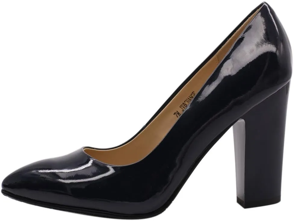Women's Chunky Heel Closed Pointed Toe Patent Leather Dress Pumps Shoes