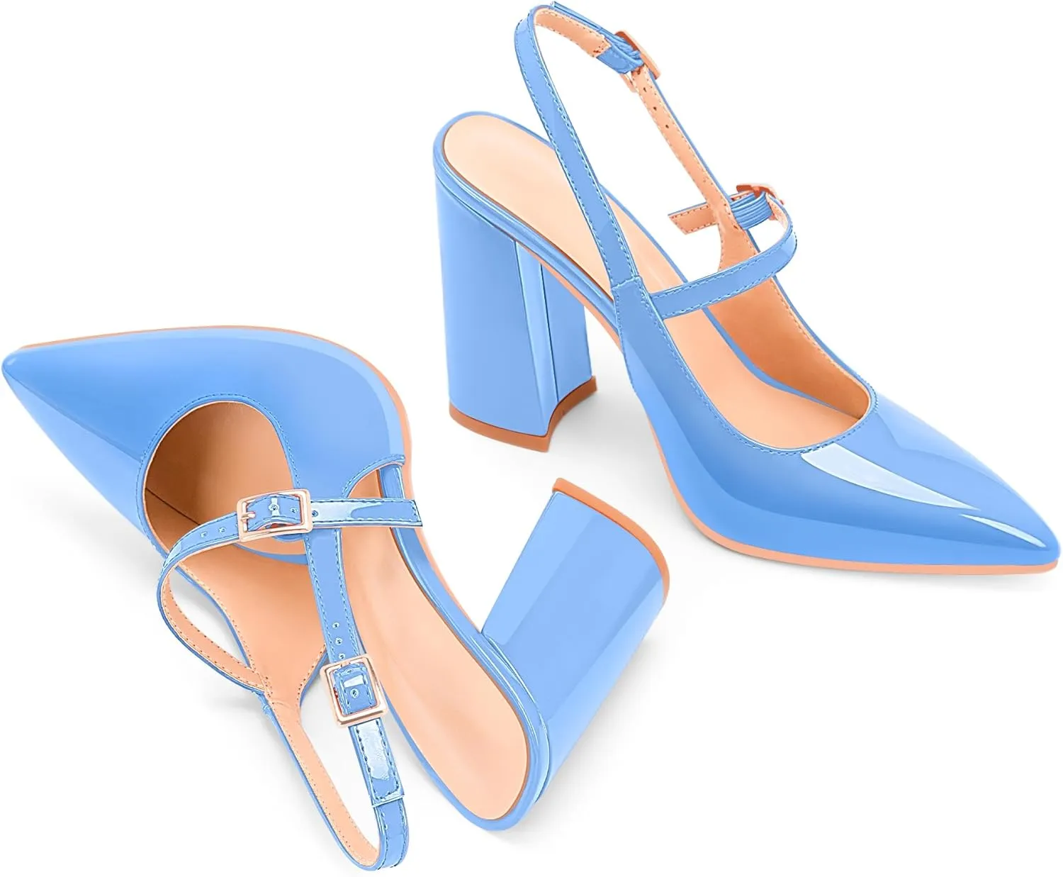 Women's Chunky High Heel Pumps Pointed Toe Slingback Buckle Strap Patent Leather Dress Shoes