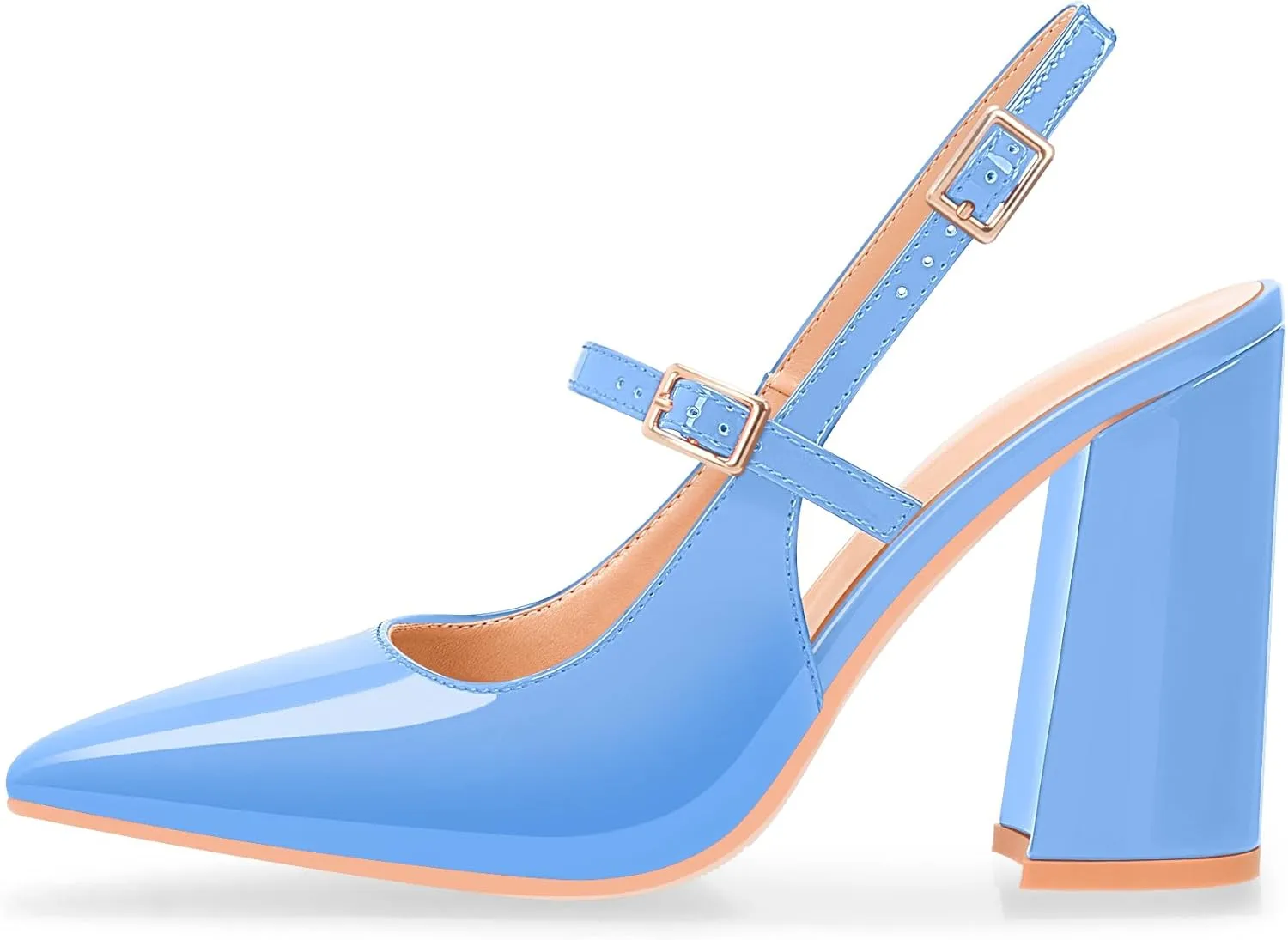 Women's Chunky High Heel Pumps Pointed Toe Slingback Buckle Strap Patent Leather Dress Shoes