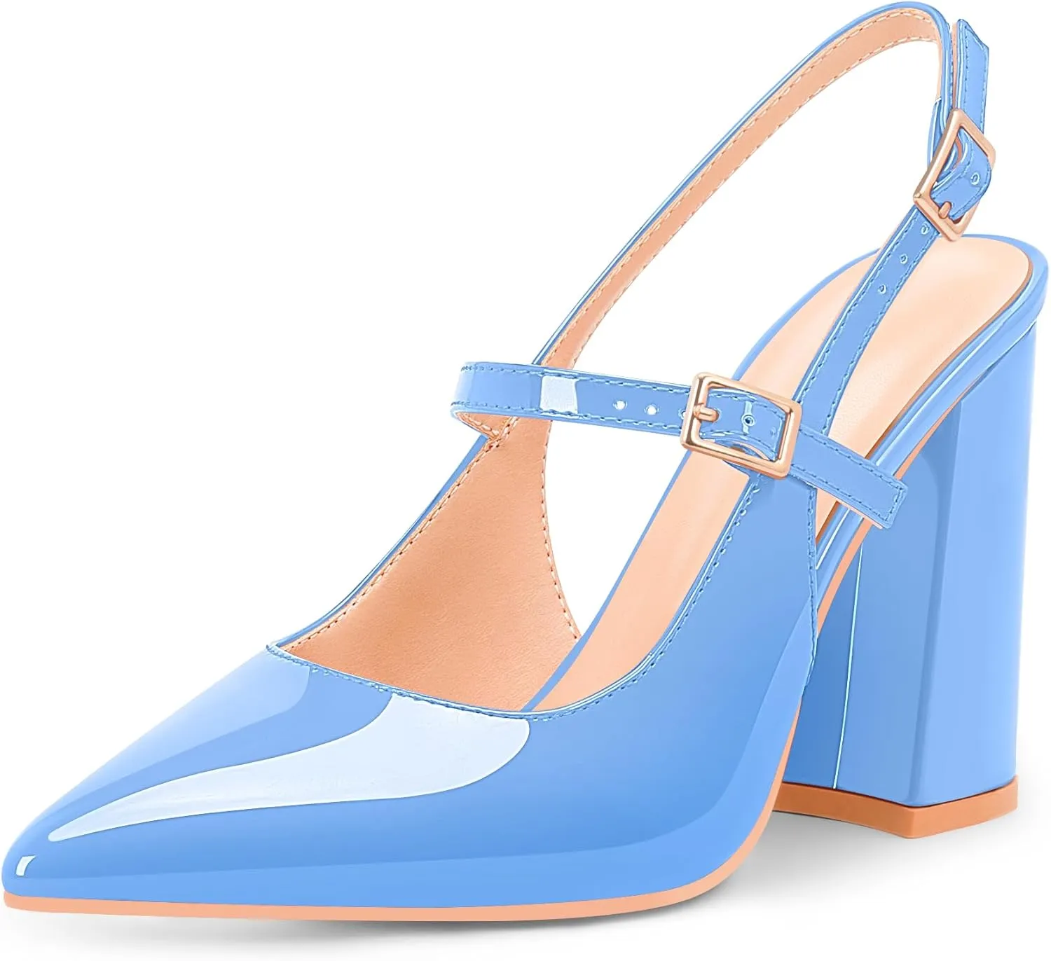 Women's Chunky High Heel Pumps Pointed Toe Slingback Buckle Strap Patent Leather Dress Shoes