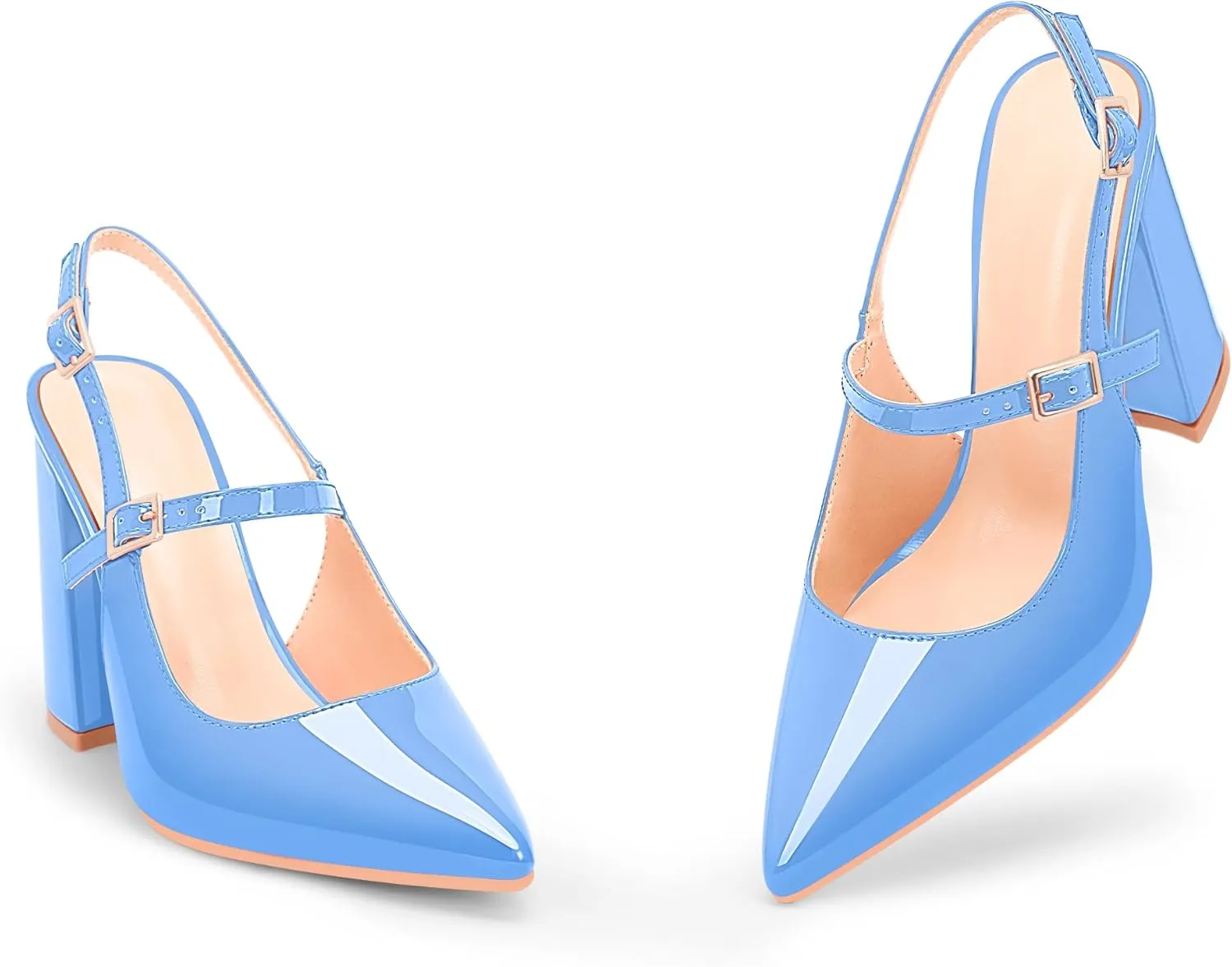 Women's Chunky High Heel Pumps Pointed Toe Slingback Buckle Strap Patent Leather Dress Shoes
