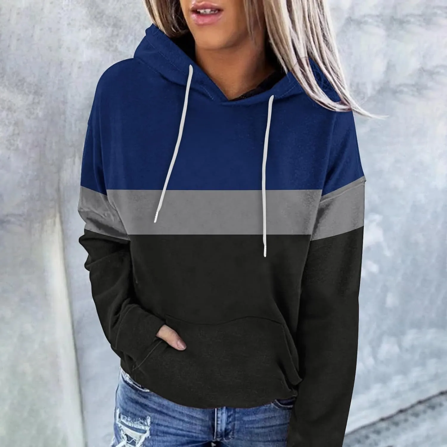 Womens Color Block Hooded Sweatshirts Casual Everyday Hoodies Long Sleeve Soft Loose Cozy Versatile Pullover Tops
