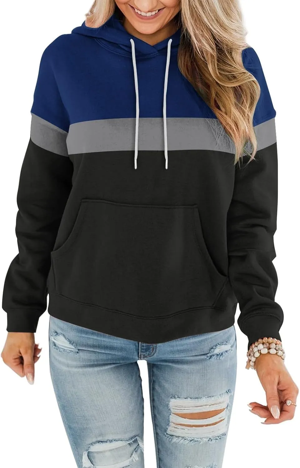 Womens Color Block Hooded Sweatshirts Casual Everyday Hoodies Long Sleeve Soft Loose Cozy Versatile Pullover Tops