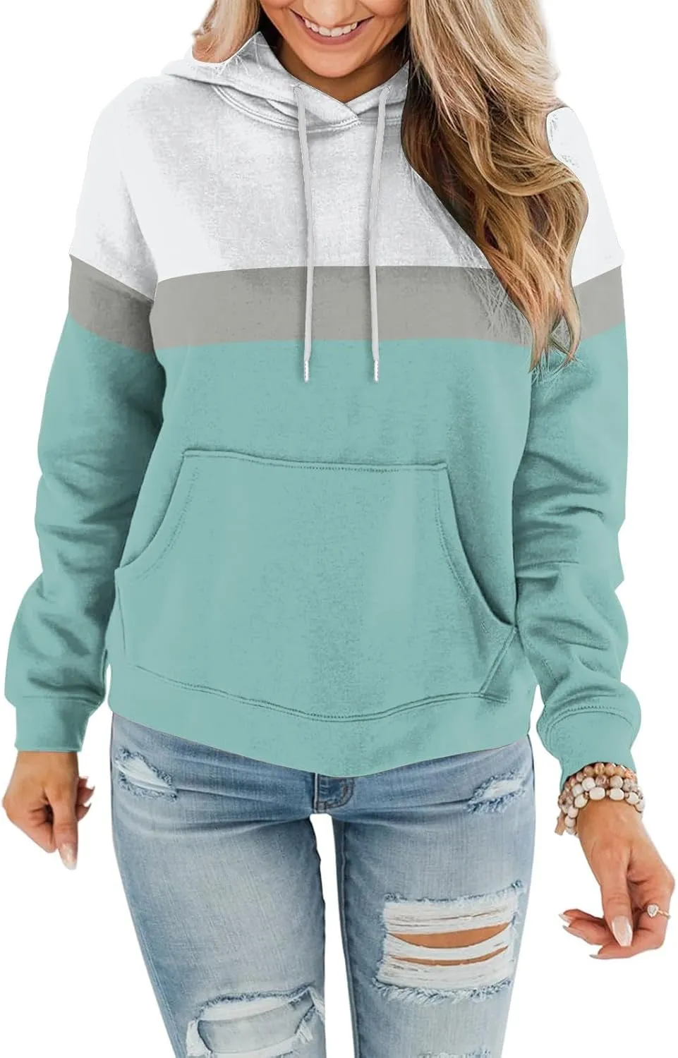 Womens Color Block Hooded Sweatshirts Casual Everyday Hoodies Long Sleeve Soft Loose Cozy Versatile Pullover Tops