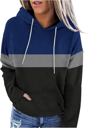 Womens Color Block Hooded Sweatshirts Casual Everyday Hoodies Long Sleeve Soft Loose Cozy Versatile Pullover Tops