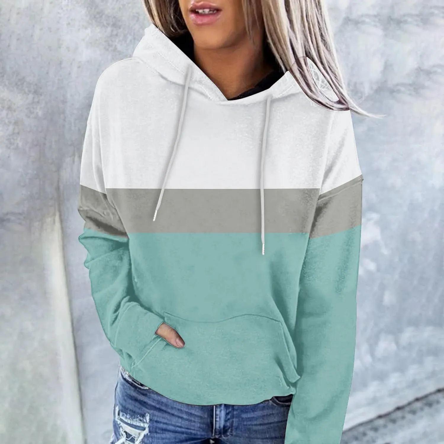 Womens Color Block Hooded Sweatshirts Casual Everyday Hoodies Long Sleeve Soft Loose Cozy Versatile Pullover Tops