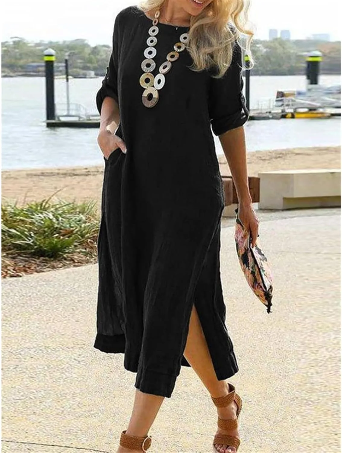 Women's Cotton Linen Short Sleeves Dress Summer Casual Roll Up Crewneck Midi Dress Solid Lounge Dresses with Pockets