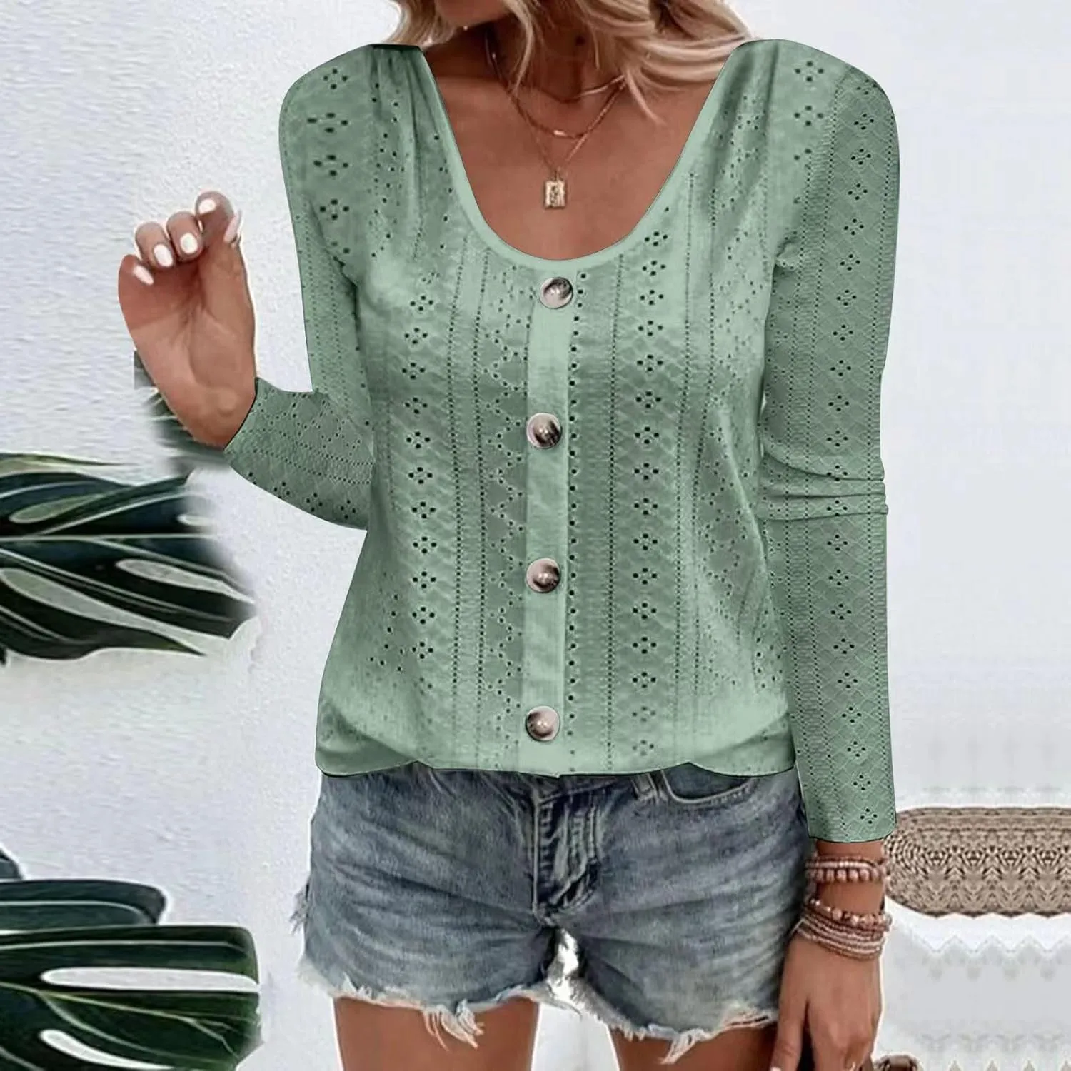 Womens Fashion Tops Eyelet Embroidery Long Sleeve Button Dwon Shirts Loose Casual 2024 Fall Clothes Comfy Shirt