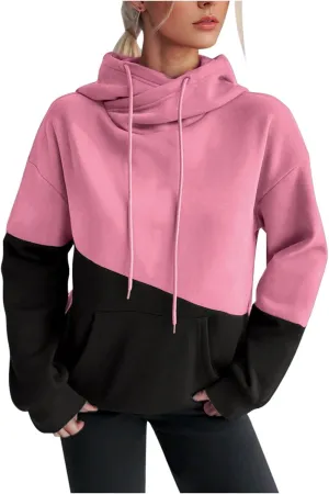 Womens Fashionable Hoodies Color Blocked Sweatshirts Drawstring Hooded Pullover with Pocket Casual Fall Outfits