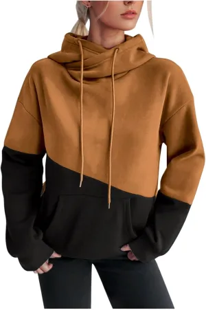 Womens Fashionable Hoodies Color Blocked Sweatshirts Drawstring Hooded Pullover with Pocket Casual Fall Outfits