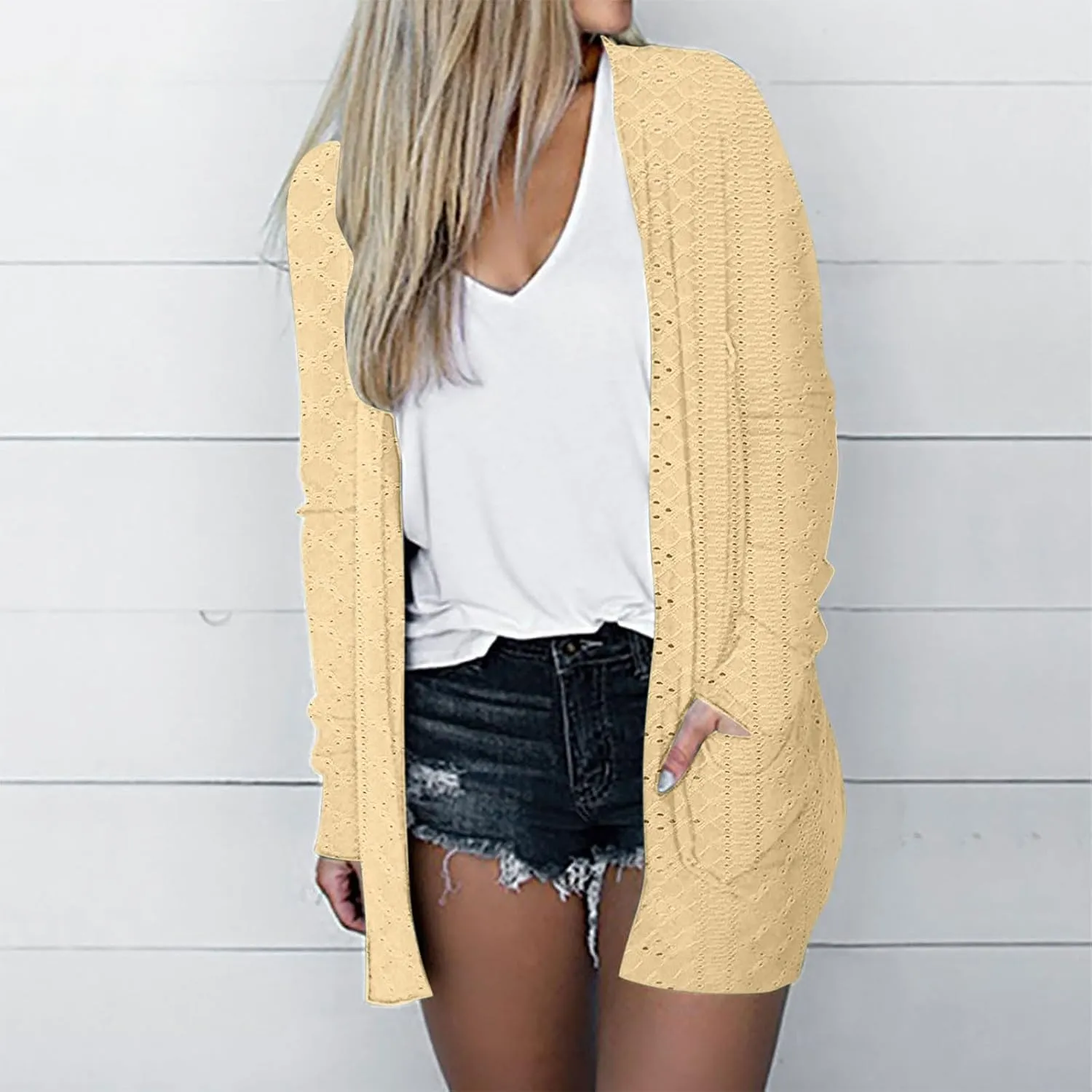 Women's Lightweight Open Front Cardigan Long Sleeve Sweater Long Sleeve Casual Eyelet Sweater with Pockets