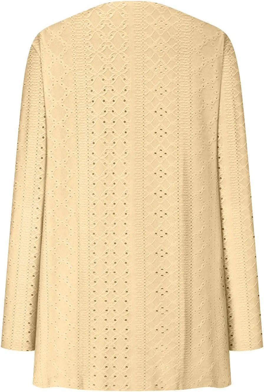 Women's Lightweight Open Front Cardigan Long Sleeve Sweater Long Sleeve Casual Eyelet Sweater with Pockets