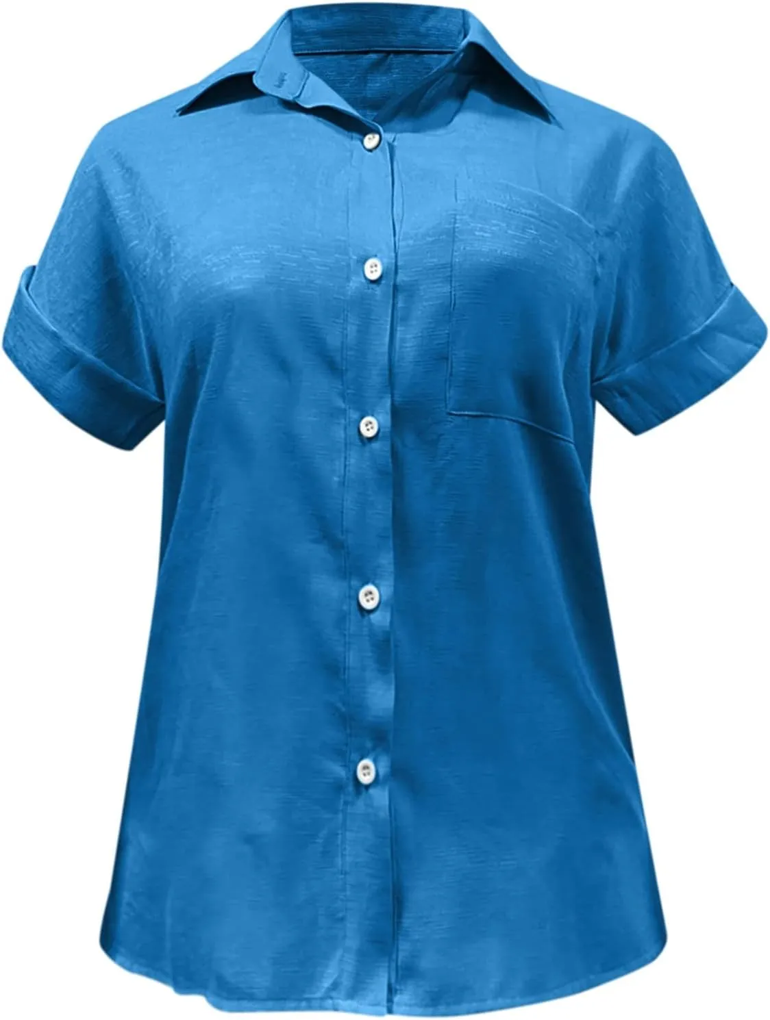 Womens Linen Button Down Shirt Casual Summer Tops Short Sleeve T-Shirt Loose Fit V Neck Collared Tunic Blouse W/Pocket