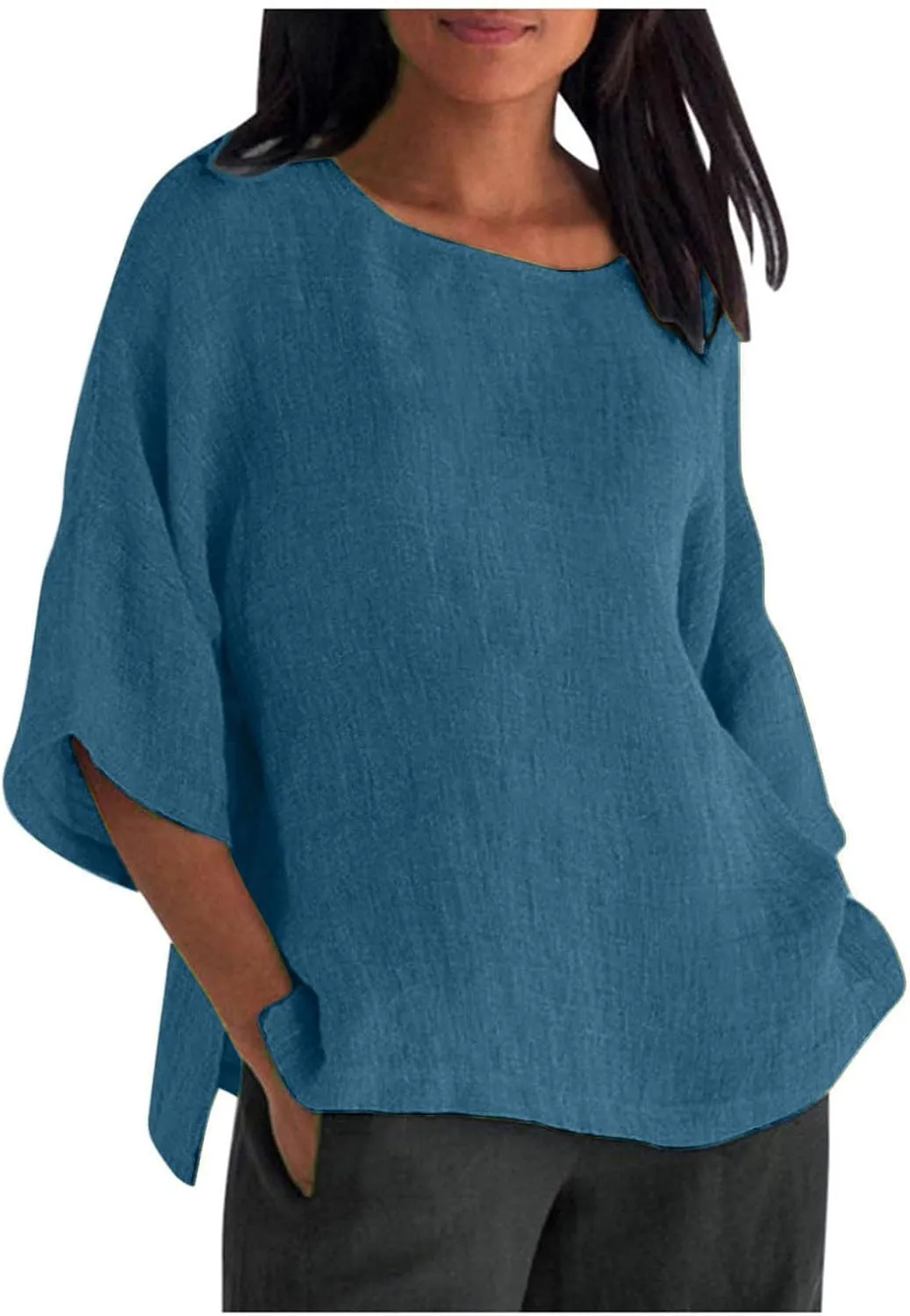 Womens Linen Shirts Short Sleeve Casual T-Shirts Trendy Loose Fit Round Neck Blouse Fashion Solid Color Tops