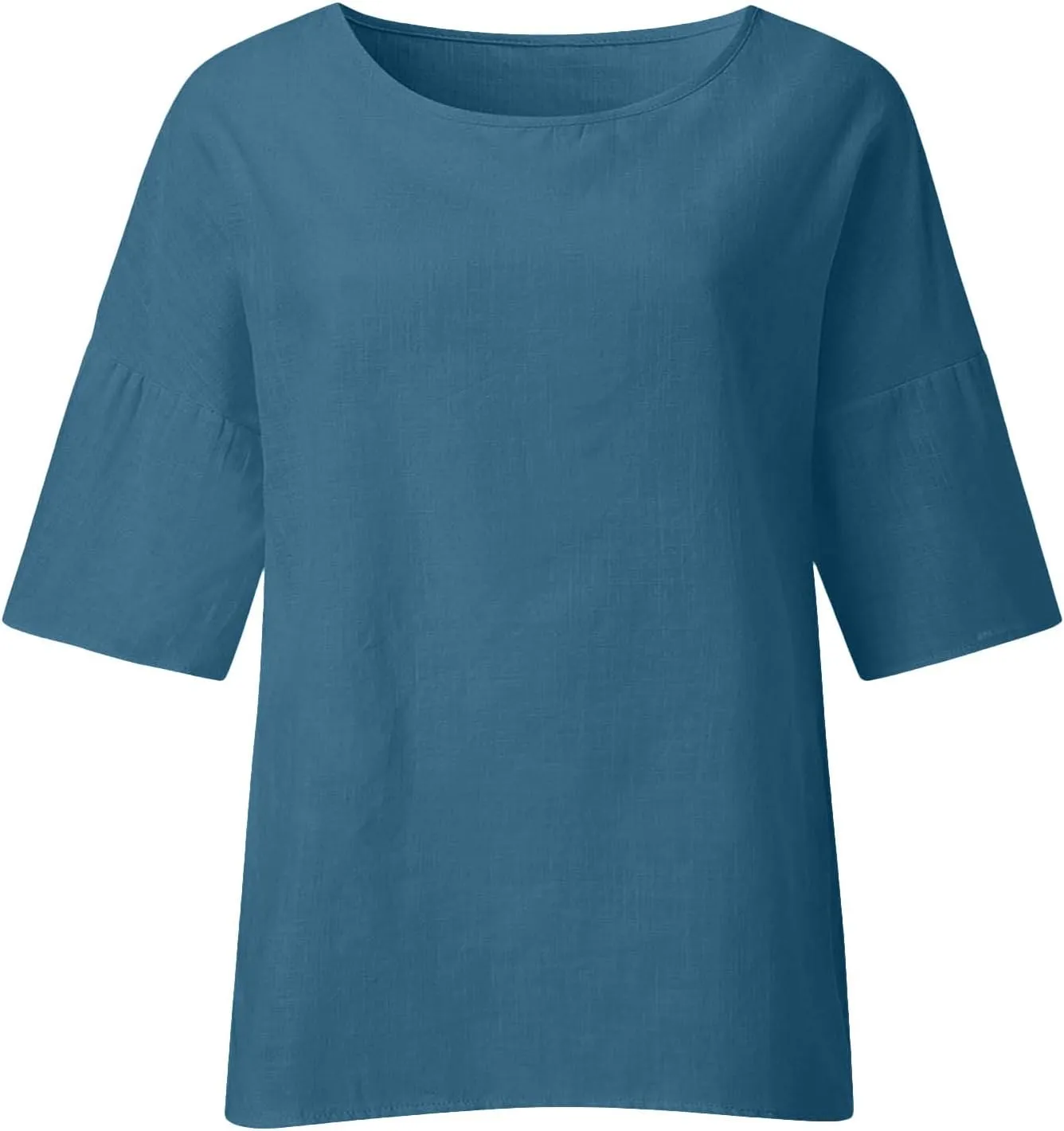 Womens Linen Shirts Short Sleeve Casual T-Shirts Trendy Loose Fit Round Neck Blouse Fashion Solid Color Tops