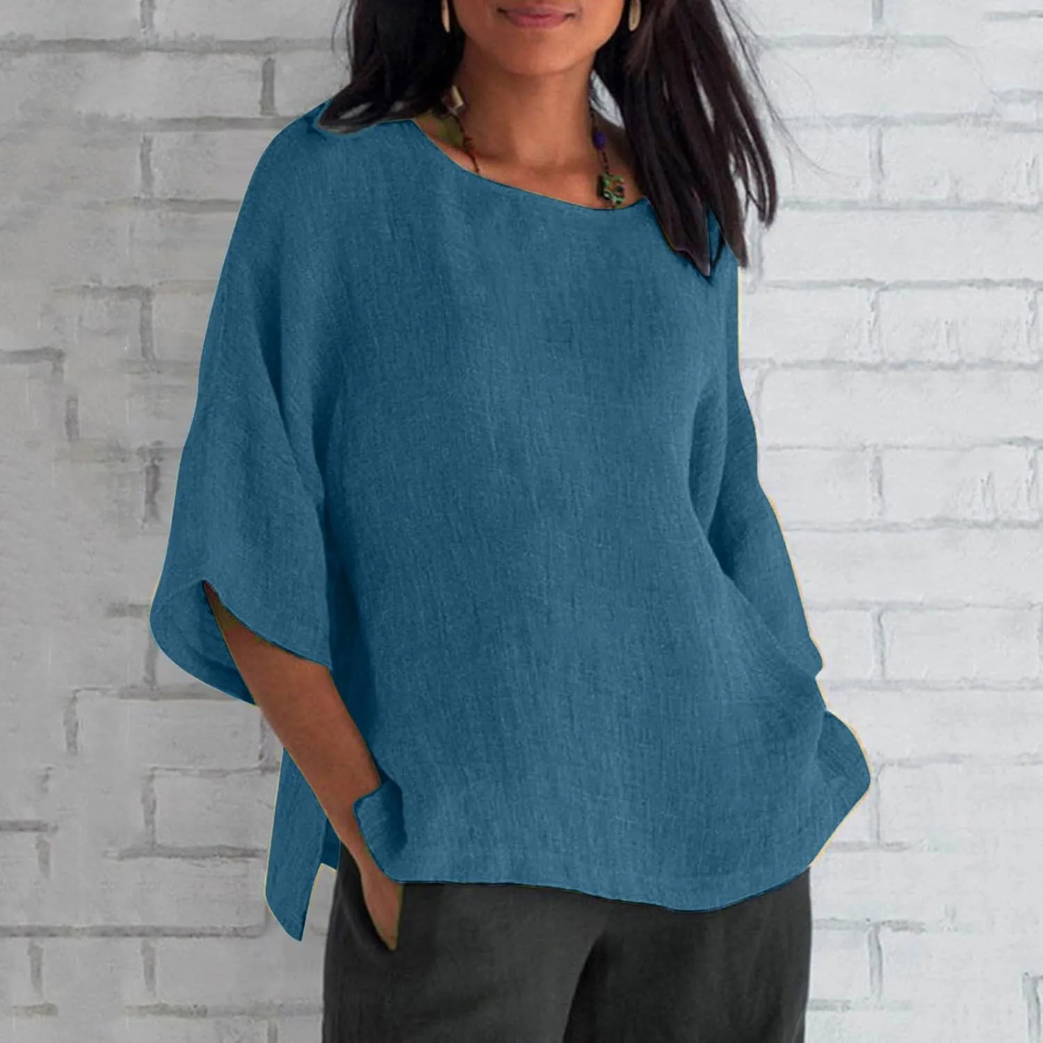 Womens Linen Shirts Short Sleeve Casual T-Shirts Trendy Loose Fit Round Neck Blouse Fashion Solid Color Tops