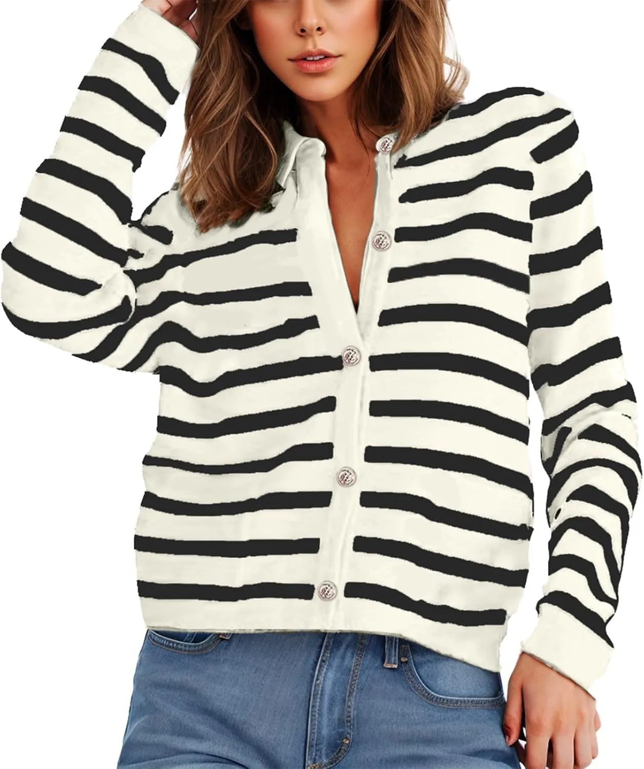 Women's Long Sleeve Cardigan Button up Collared Striped Graphic Sweater Coat Fashion Casual Cardigans