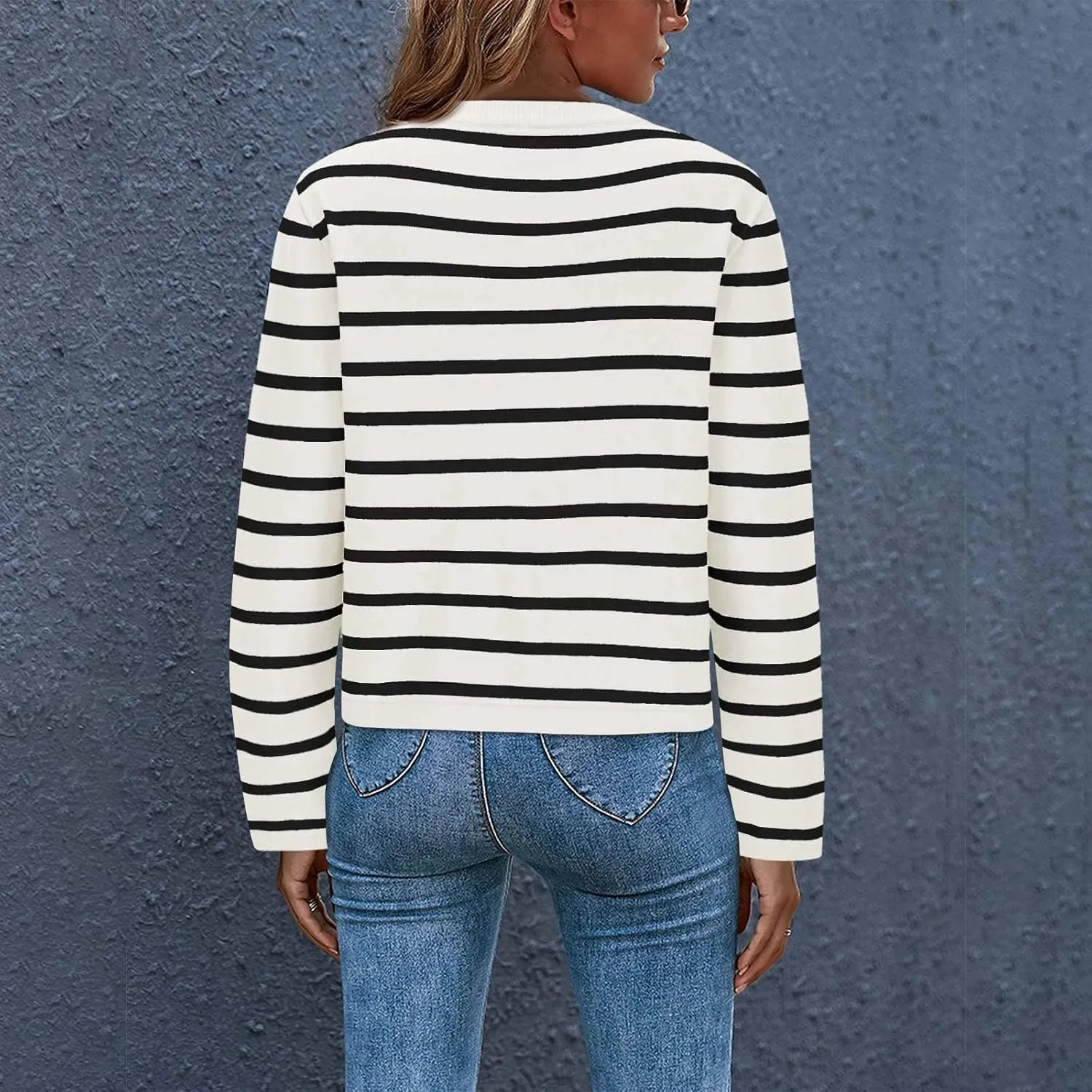 Women's Long Sleeve Cardigan Button up Collared Striped Graphic Sweater Coat Fashion Casual Cardigans