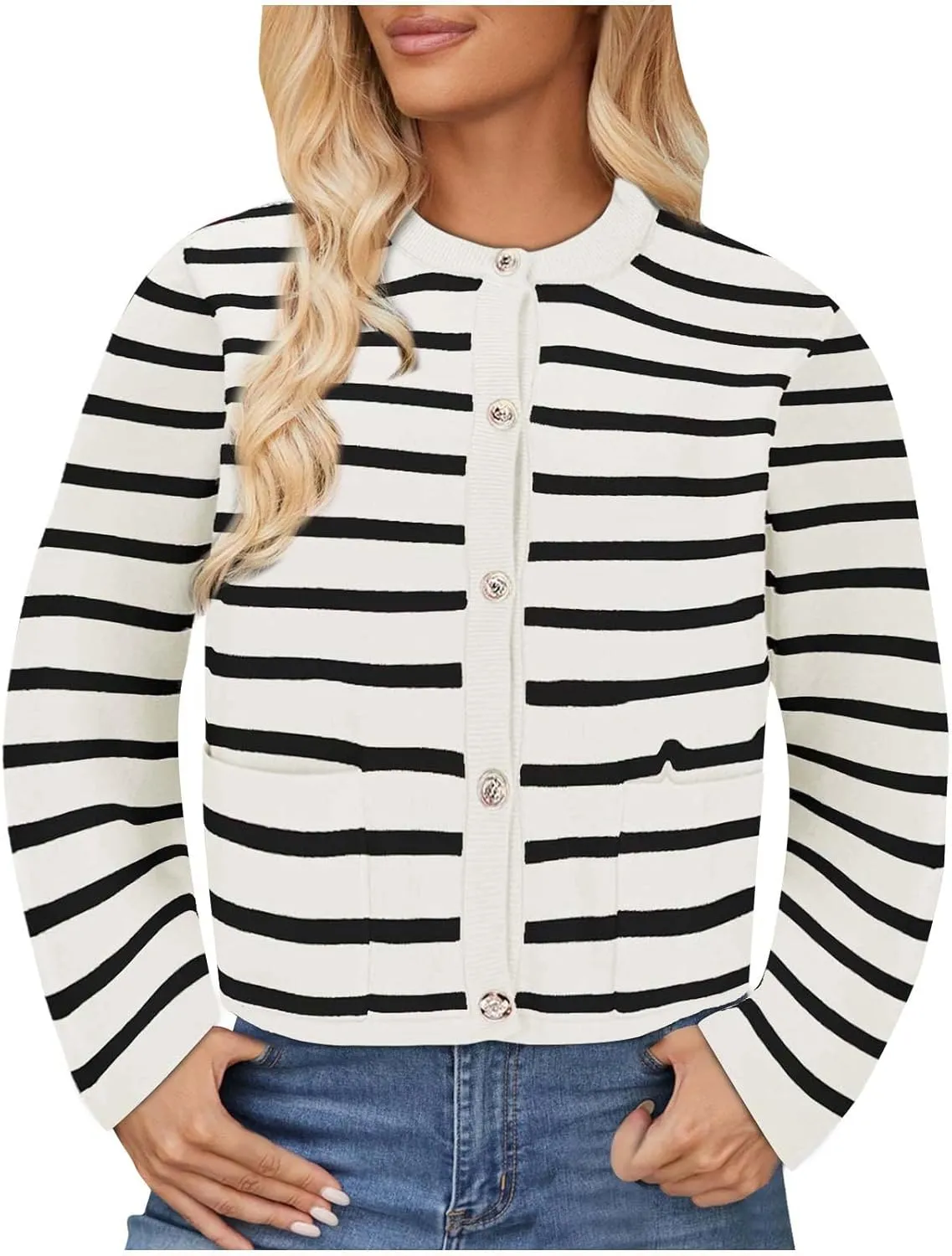 Women's Long Sleeve Cardigan Button up Collared Striped Graphic Sweater Coat Fashion Casual Cardigans